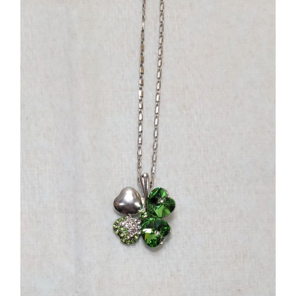 925 Silver Green Four Leaf Clover Rhinestones Green Gems Delicate Chain Necklace